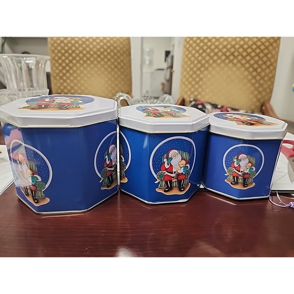 Other - 3 Pc 1997 Chadwick-Miller SANTA w/CHILD ON LAP Nesting Tin Containers. Octagonal